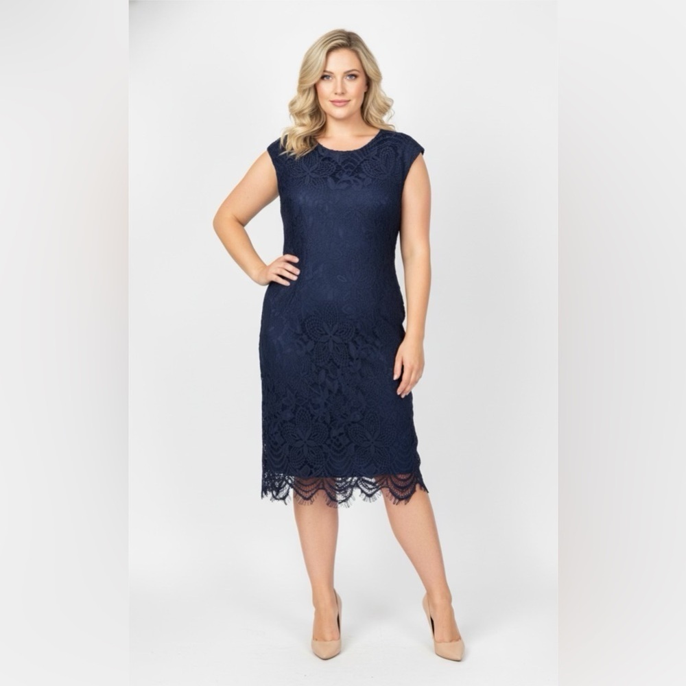 Betsey Johnson Women’s Navy Blue Lace Padded Sleeveless Sheath Midi Dress Sz 14